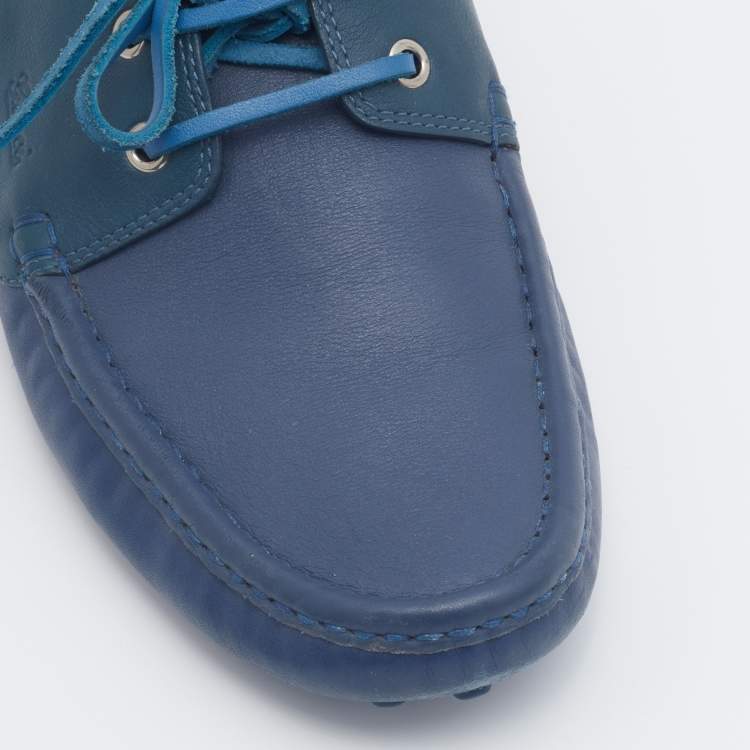Pre Owned Gucci Blue Leather Boat Bow Slip On Loafers Size 43