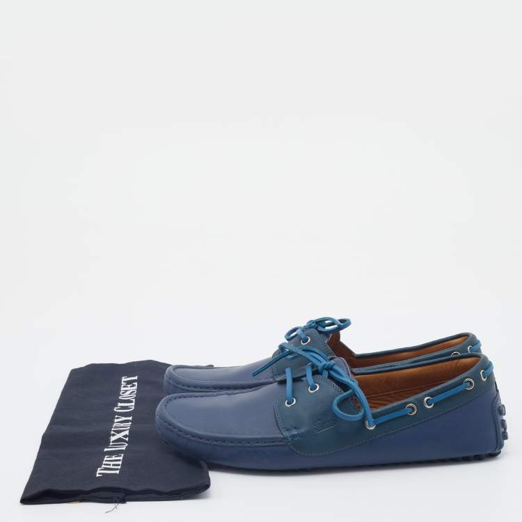 Pre Owned Gucci Blue Leather Boat Bow Slip On Loafers Size 43
