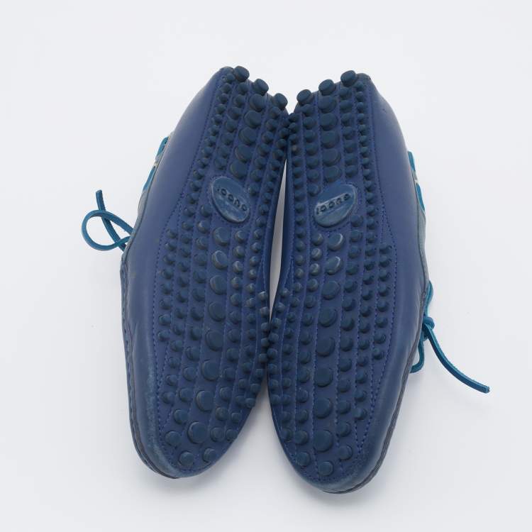 Pre Owned Gucci Blue Leather Boat Bow Slip On Loafers Size 43