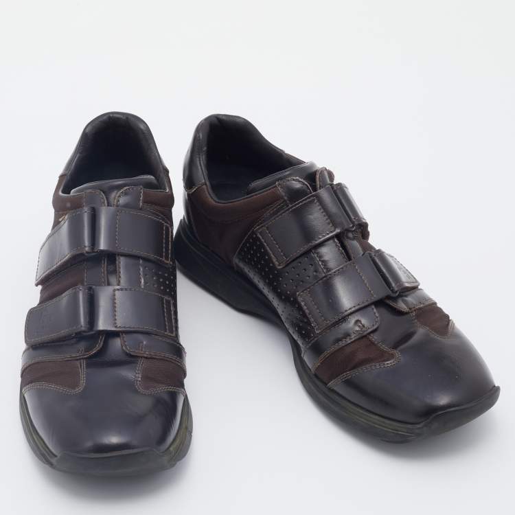 Pre Owned Gucci Dark Brown Leather And Fabric Double Velcro Low Top Sneakers Size 44