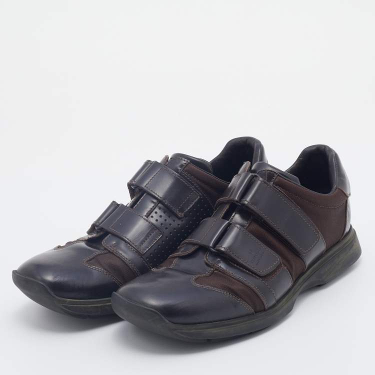 Pre Owned Gucci Dark Brown Leather And Fabric Double Velcro Low Top Sneakers Size 44