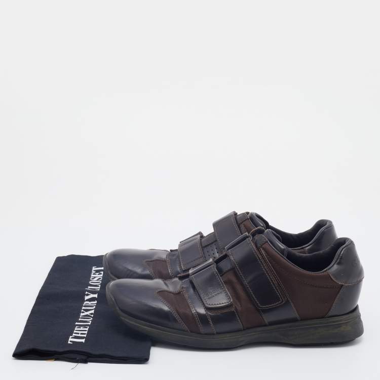 Pre Owned Gucci Dark Brown Leather And Fabric Double Velcro Low Top Sneakers Size 44