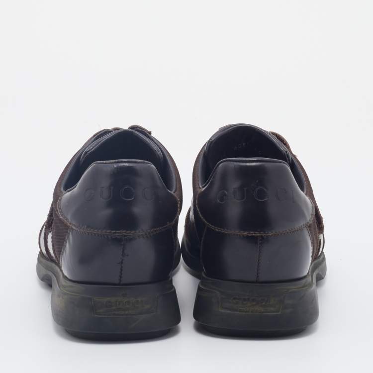 Pre Owned Gucci Dark Brown Leather And Fabric Double Velcro Low Top Sneakers Size 44