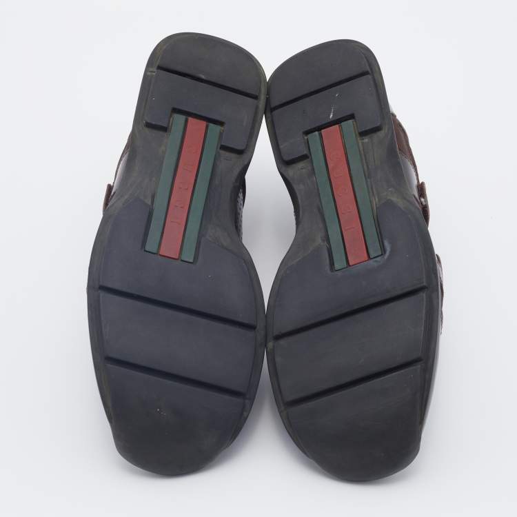 Pre Owned Gucci Dark Brown Leather And Fabric Double Velcro Low Top Sneakers Size 44