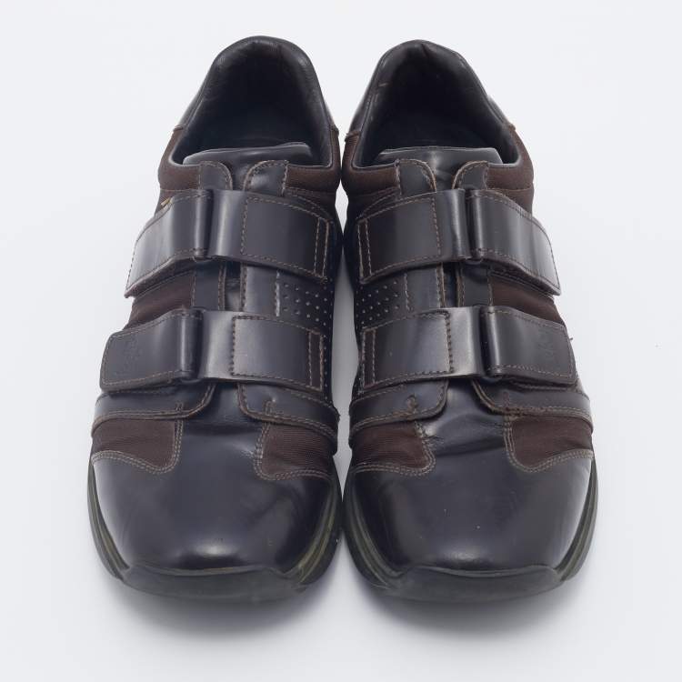 Pre Owned Gucci Dark Brown Leather And Fabric Double Velcro Low Top Sneakers Size 44