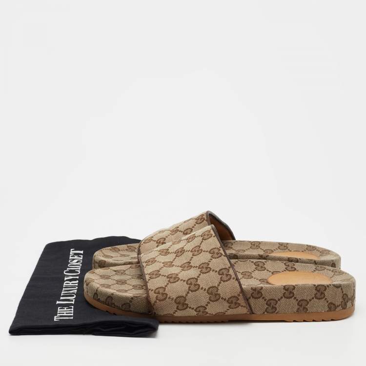 Pre Owned Gucci Brown GG Canvas Slide Sandals Size 82