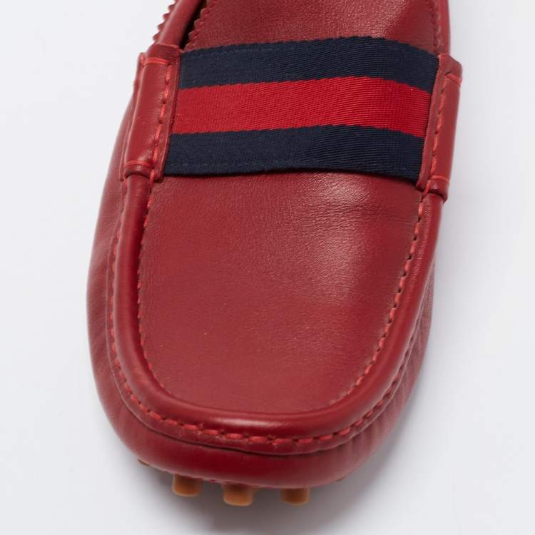 Pre Owned Gucci Red Leather New Auger Sylvie Web Accent Loafers Size 41
