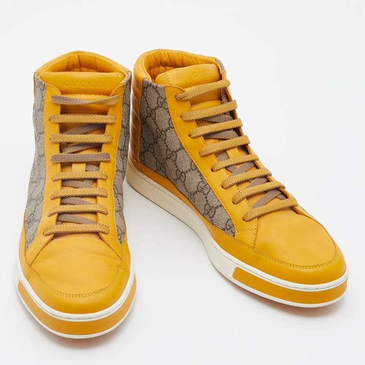 Pre Owned Gucci Yellow/Beige Leather And GG Supreme Canvas High Top Sneakers Size 44