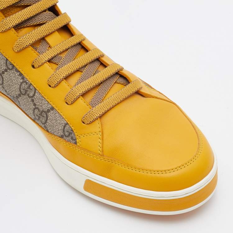 Pre Owned Gucci Yellow/Beige Leather And GG Supreme Canvas High Top Sneakers Size 44