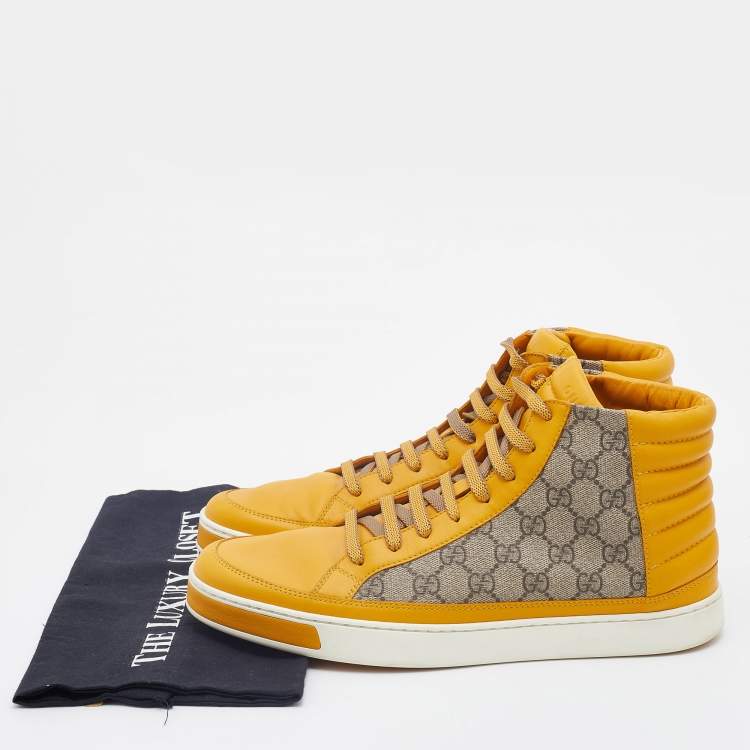 Pre Owned Gucci Yellow/Beige Leather And GG Supreme Canvas High Top Sneakers Size 44