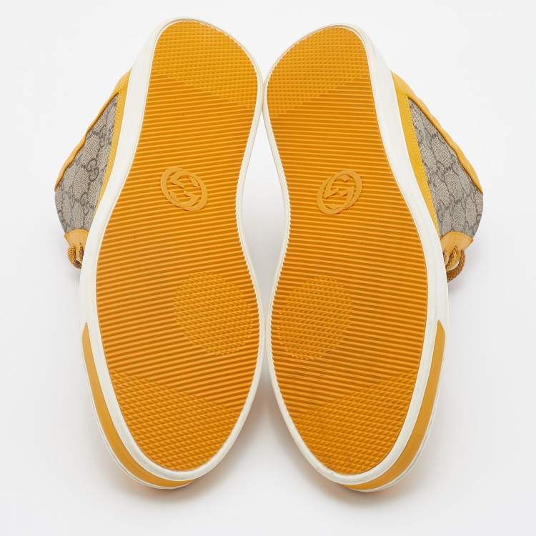 Pre Owned Gucci Yellow/Beige Leather And GG Supreme Canvas High Top Sneakers Size 44