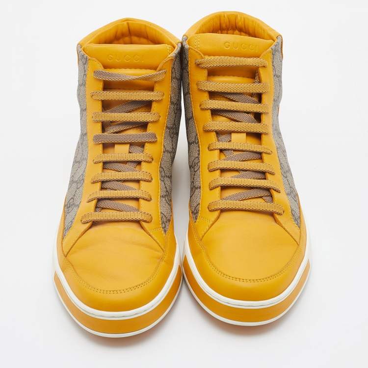 Pre Owned Gucci Yellow/Beige Leather And GG Supreme Canvas High Top Sneakers Size 44