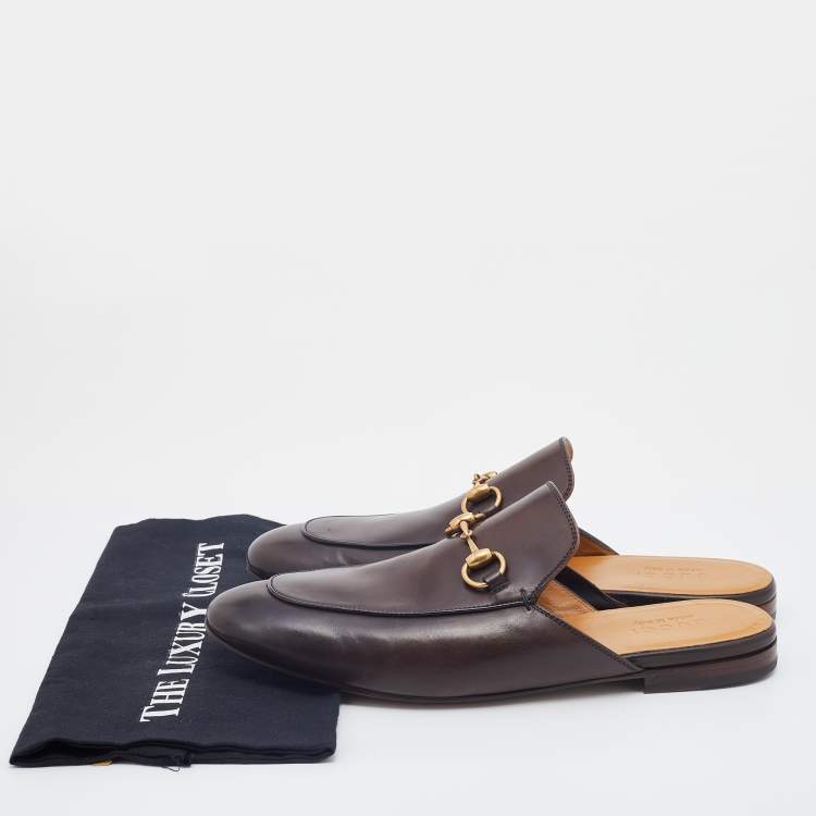Pre Owned Gucci Dark Brown Leather Princetown Flat Mules Size 42.5