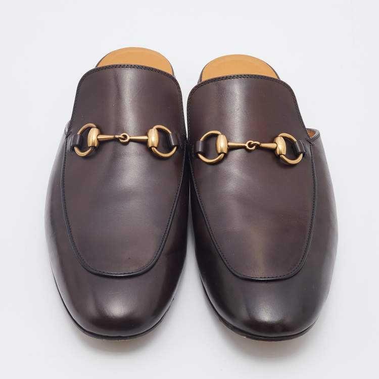 Pre Owned Gucci Dark Brown Leather Princetown Flat Mules Size 42.5