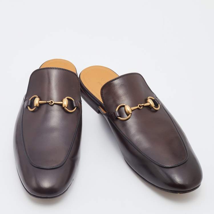Pre Owned Gucci Dark Brown Leather Princetown Flat Mules Size 42.5