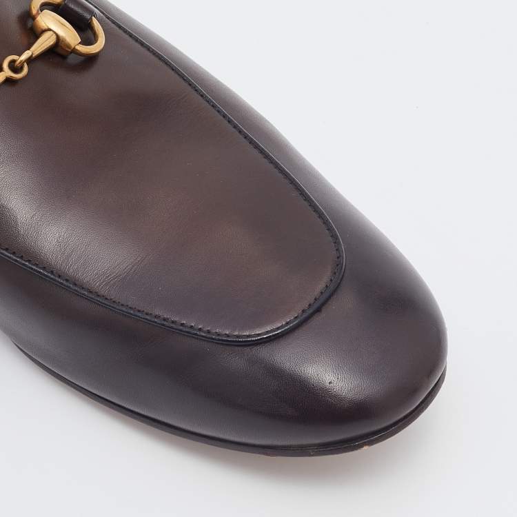 Pre Owned Gucci Dark Brown Leather Princetown Flat Mules Size 42.5