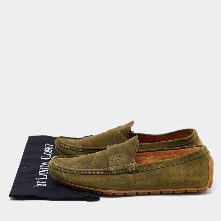 Pre Owned Gucci Olive Green Suede Penny Loafers Size 45