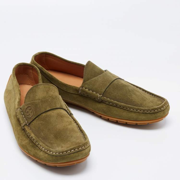 Pre Owned Gucci Olive Green Suede Penny Loafers Size 45