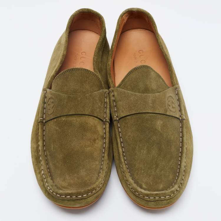 Pre Owned Gucci Olive Green Suede Penny Loafers Size 45