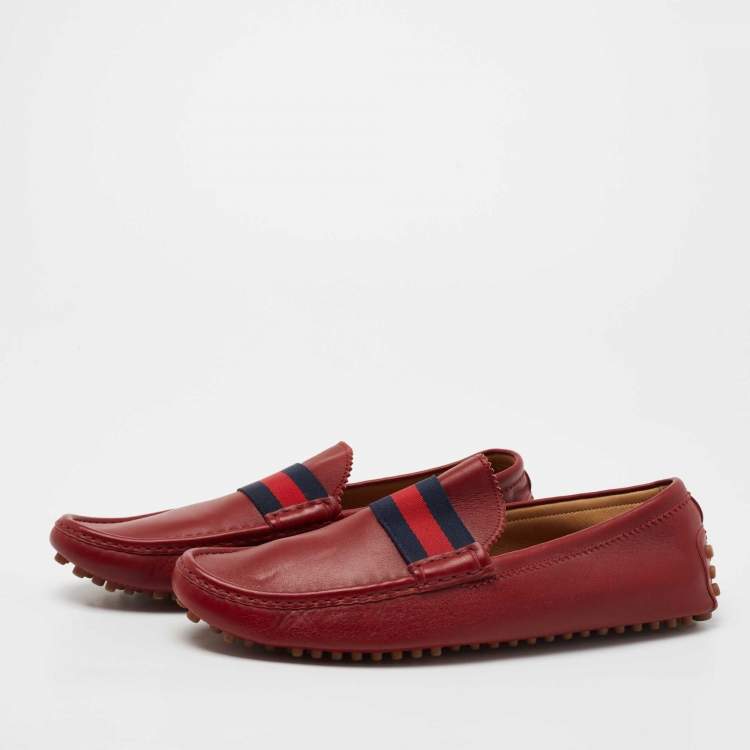 Pre Owned Gucci Red Leather New Auger Sylvie Web Loafers Size 45