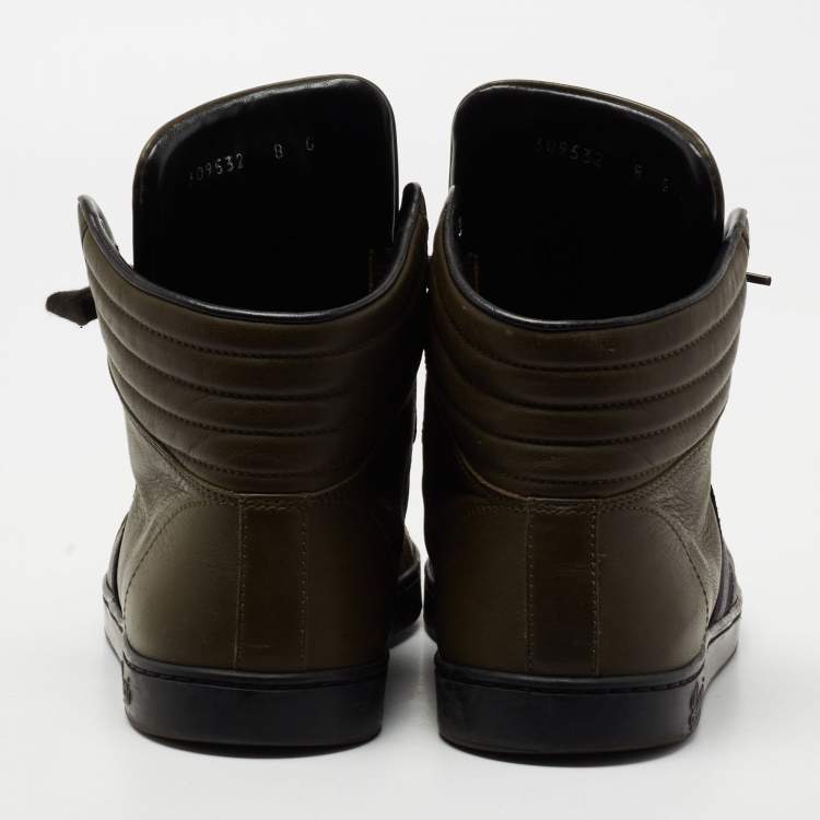 Pre Owned Gucci Army Green Leather Web Viaggio High-Top Sneakers Size 42