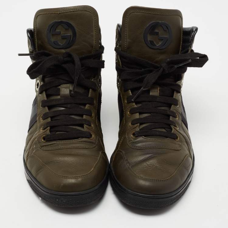 Pre Owned Gucci Army Green Leather Web Viaggio High-Top Sneakers Size 42