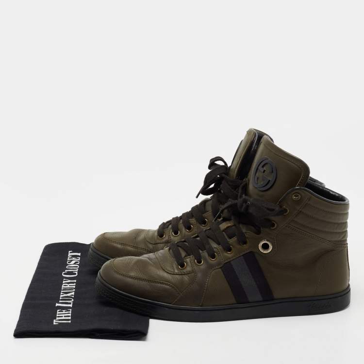 Pre Owned Gucci Army Green Leather Web Viaggio High-Top Sneakers Size 42