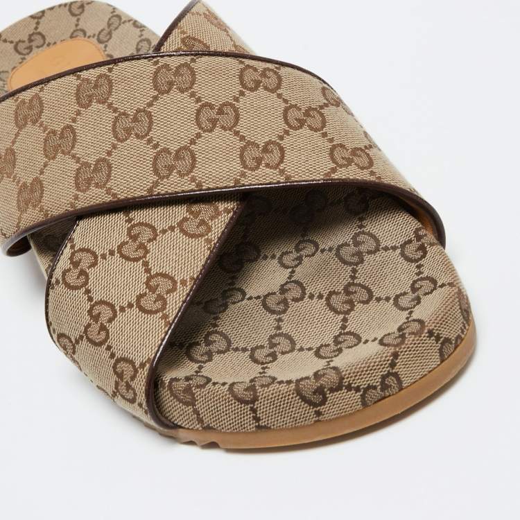 Pre Owned Gucci Beige/Brown GG Canvas And Leather Criss Cross Flat Slides Size 45