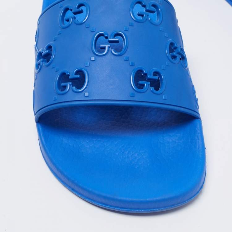 Pre Owned Gucci Blue GG Rubber Slide Flat Sandals Size 44