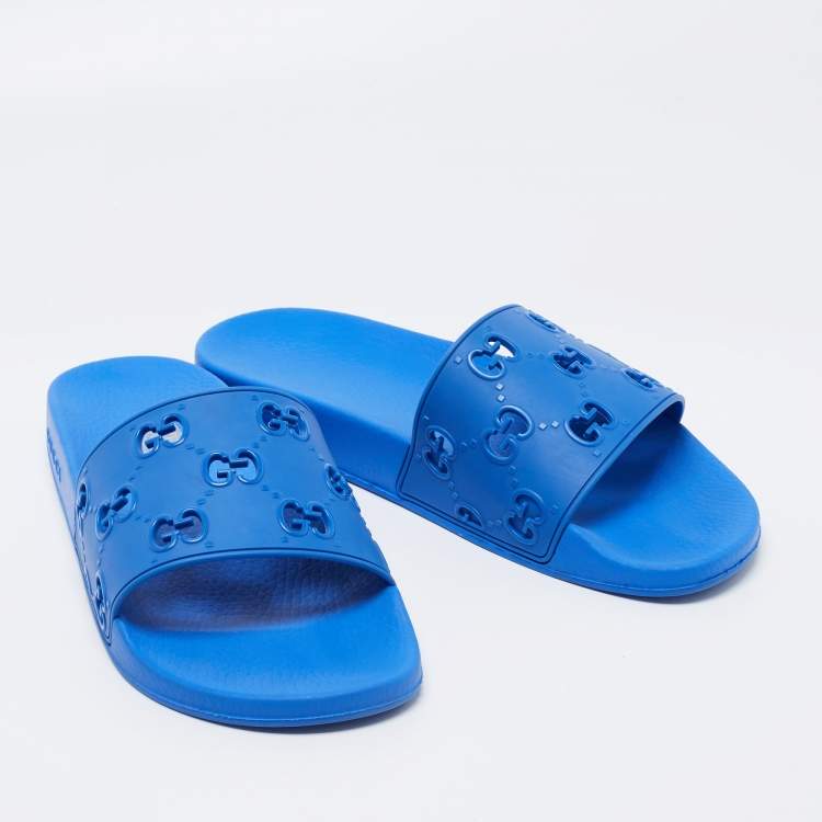 Pre Owned Gucci Blue GG Rubber Slide Flat Sandals Size 44