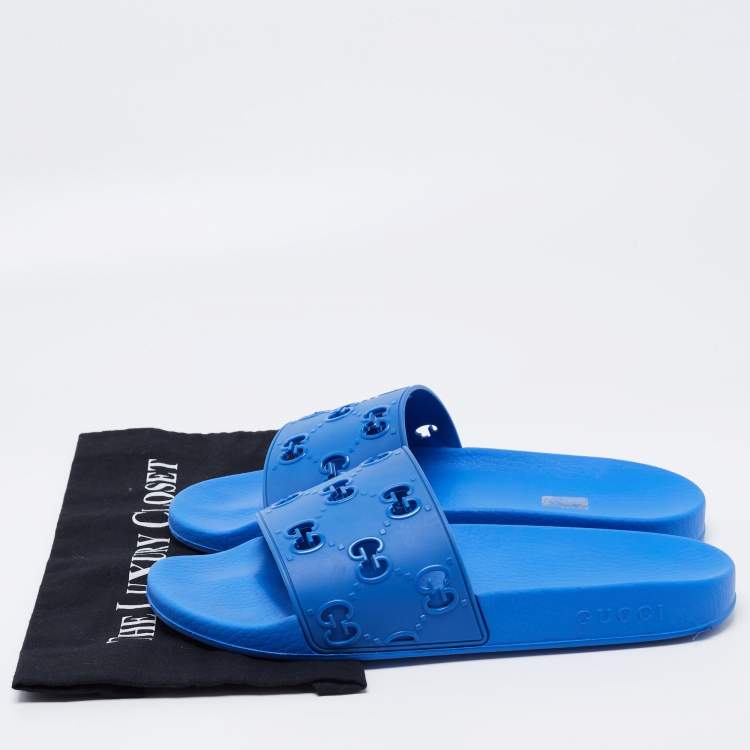 Pre Owned Gucci Blue GG Rubber Slide Flat Sandals Size 44