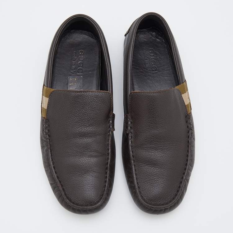 Pre Owned Gucci Dark Brown Leather Web Detail Slip On Loafers Size 40