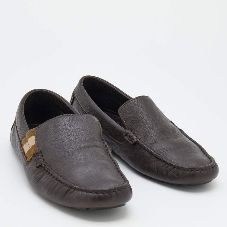 Pre Owned Gucci Dark Brown Leather Web Detail Slip On Loafers Size 40