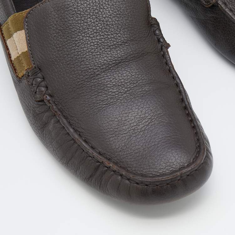 Pre Owned Gucci Dark Brown Leather Web Detail Slip On Loafers Size 40