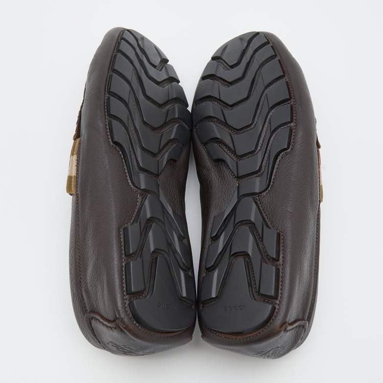 Pre Owned Gucci Dark Brown Leather Web Detail Slip On Loafers Size 40
