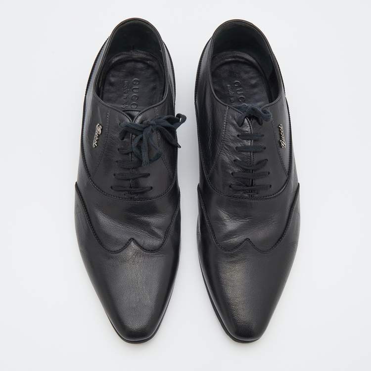 Pre Owned Gucci Black Leather Wingtip Lace Up Oxfords Size 43