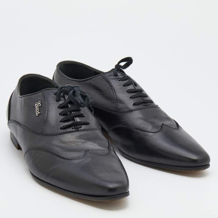 Pre Owned Gucci Black Leather Wingtip Lace Up Oxfords Size 43
