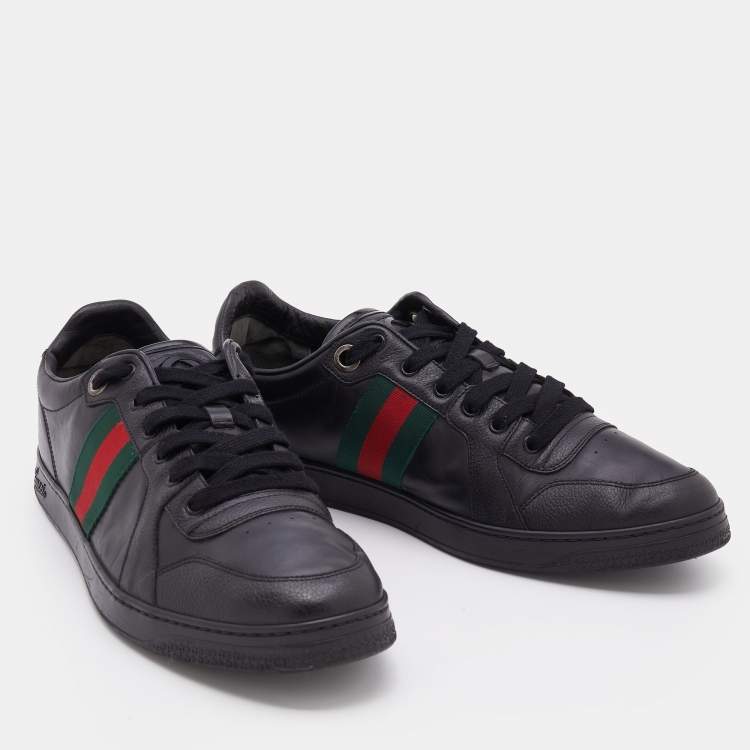 مملوكة مسبقًا Gucci Black Leather Web Low Top  Sneakers Size 46
