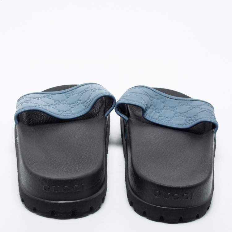 Pre Owned Gucci  Blue Leather Guccissima Slide Sandals Size 45