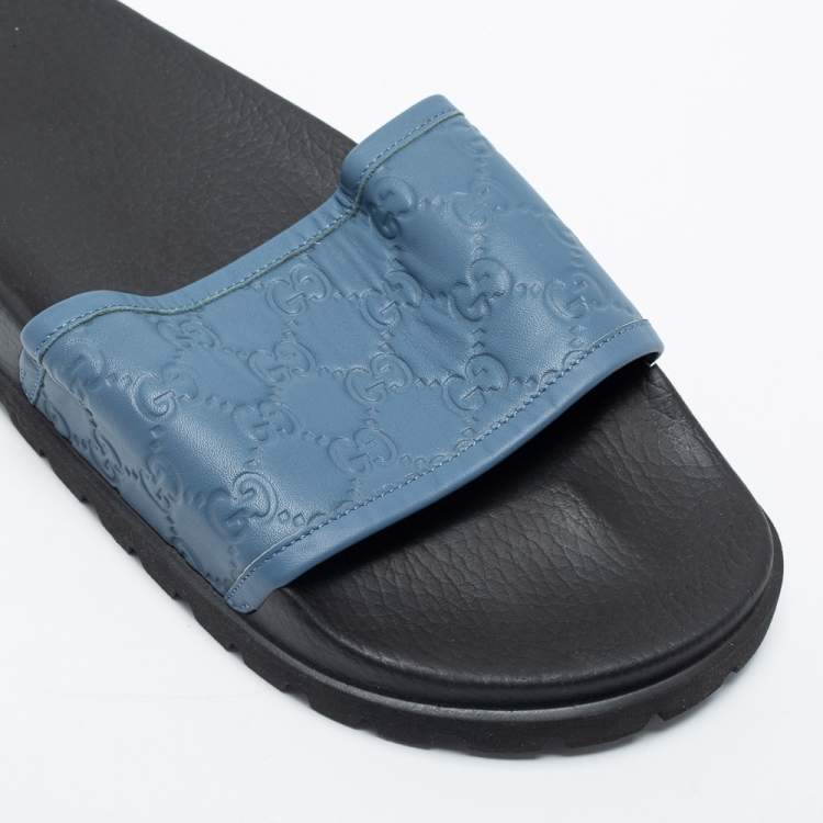 Pre Owned Gucci  Blue Leather Guccissima Slide Sandals Size 45