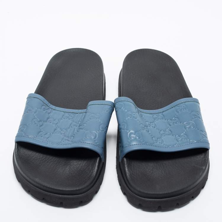 Pre Owned Gucci  Blue Leather Guccissima Slide Sandals Size 45