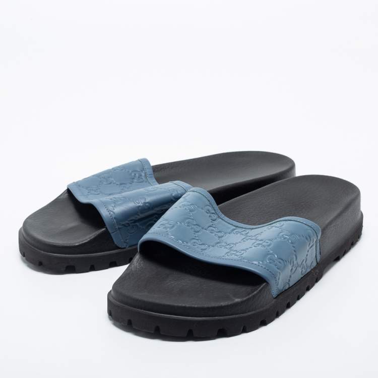 Pre Owned Gucci  Blue Leather Guccissima Slide Sandals Size 45