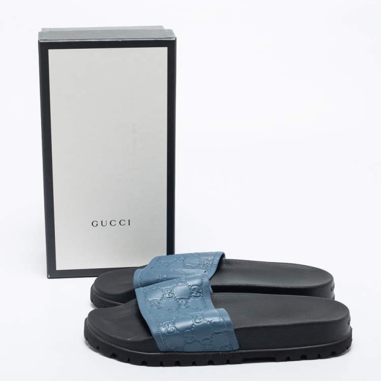 Pre Owned Gucci  Blue Leather Guccissima Slide Sandals Size 45