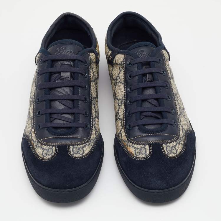 Pre Owned Gucci Beige/Blue GG Supreme Canvas And Suede Low Top Sneakers Size 43.5