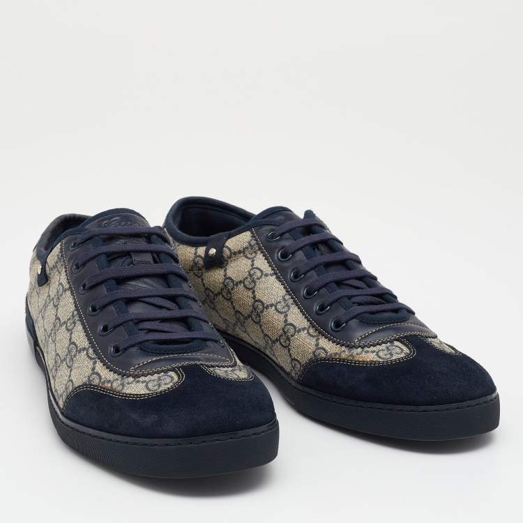 Pre Owned Gucci Beige/Blue GG Supreme Canvas And Suede Low Top Sneakers Size 43.5