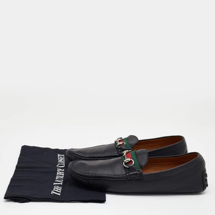 Pre Owned Gucci Black Leather Web Horsebit Slip On Loafers Size 43