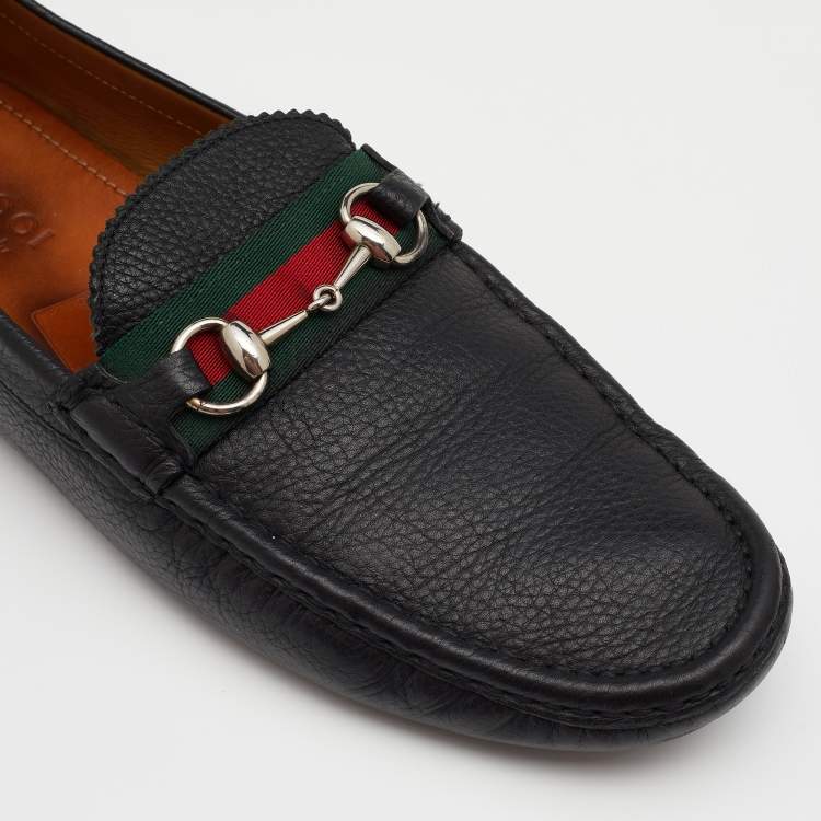 Pre Owned Gucci Black Leather Web Horsebit Slip On Loafers Size 43