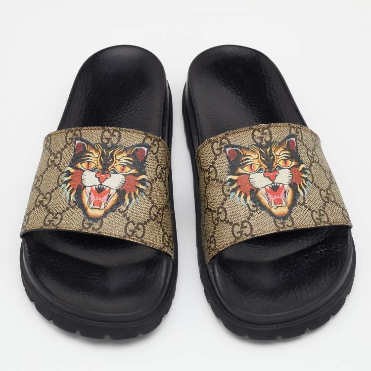 Pre Owned Gucci Beige/Brown GG Supreme Canvas Tiger Print Flat Slides Size 43