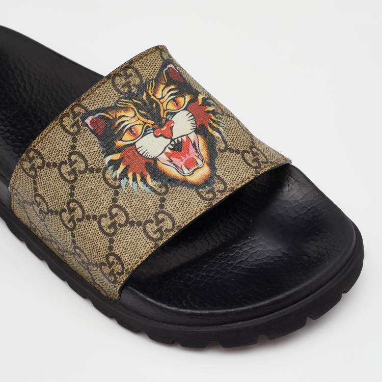 Pre Owned Gucci Beige/Brown GG Supreme Canvas Tiger Print Flat Slides Size 43