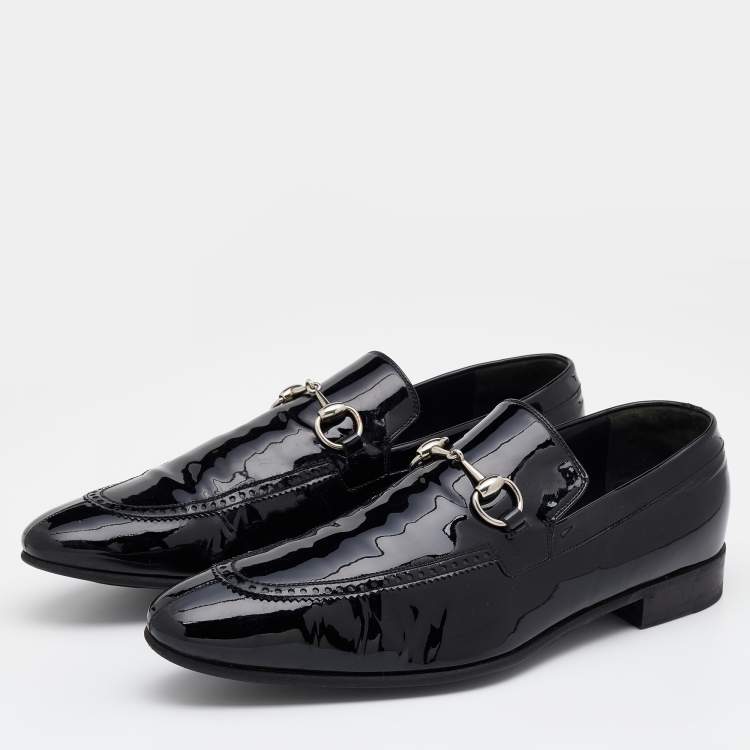 Pre Owned Gucci Black Patent Leather Horsebit Slip On Loafers Size 44